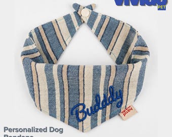Personalized embroidered dog headbands, Chiang Mai Cotton Linen pet scarves, customizable with name embroidery.