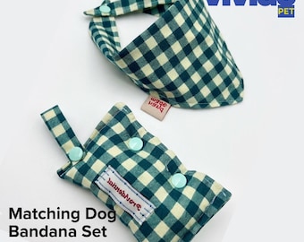 Green Gingham Dog Bandana and Poop Bag Holder Set: Handmade Cotton Snap Closure