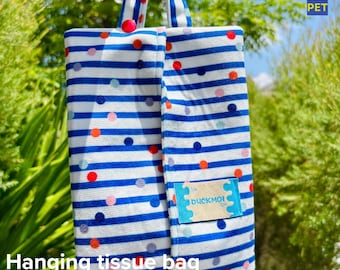 Blue Stripe Polka Dot Cotton Tissue Holder: Handmade Car Organizer Pouch