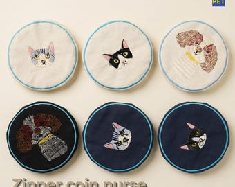 Embroidered Pet Portrait Coin Purse – Handmade Round Cotton Zipper Pouch