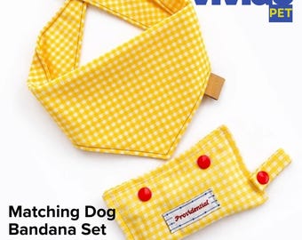 Yellow Gingham Dog Bandana and Poop Bag Holder Set: Cotton, Snap Closure, Leash Attachment