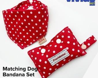 Red Polka Dot Dog Bandana Poop Bag Holder Set Handmade Cotton Dog Walking Gear