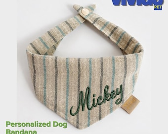 Personalized embroidered dog headbands, Chiang Mai Cotton Linen pet scarves, customizable with name embroidery.