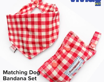 Handmade Pink Red Gingham Dog Bandana and Poop Bag Holder Set: Cotton Accessories (Snap Closure)