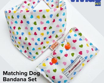 Handmade Cotton Dog Bandana and Poop Bag Holder Set: Vibrant Hearts Pattern, Snap Closure