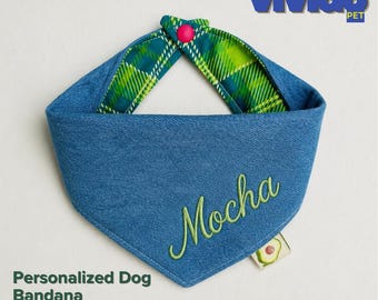Personalized Embroidered Dog Bandana, Denim and Gingham Cotton Pet Scarf, Custom Name Embroidery