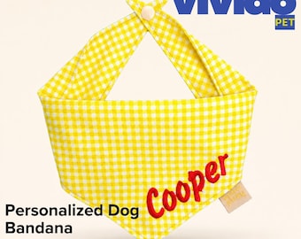 Personalized Embroidered Dog Bandana, Gingham Cotton Pet Scarf, Custom Name Embroidery