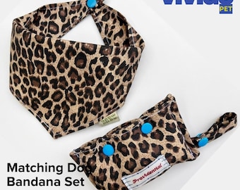 Brown Leopard Dog Bandana Set: Handmade Cotton, Snap Closure, Blue Button, Waste Bag Holder