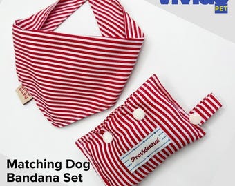 Red Stripe Cotton Dog Bandana Set with Poop Bag Holder: Handmade Snap Closure