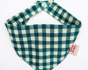 Green Gingham Dog Bandana: Soft Cotton, Snap Closure (Handmade)