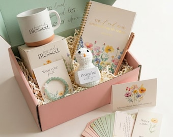Christian Gift Box for Women, Faith Encouragement Mug, Journal, Bracelet, Prayer Cards