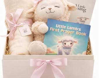 Baptism Gift Set – Praying Lamb Plush, Bamboo Muslin Blanket, Prayer Book, Keepsake Box