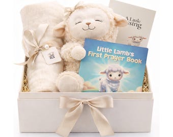 Baptism Gift Set – Praying Lamb Plush, Bamboo Muslin Blanket, Prayer Book, Keepsake Box