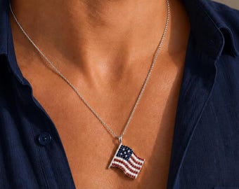 Sparkling American Flag Pendant Necklace, Sterling Silver USA Jewelry BD123