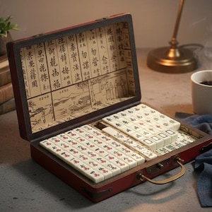 May include: A mahjong set housed in a dark red rectangular case with a metal handle. The interior lid features a beige panel with black Chinese characters and illustrations. The set includes white tiles with red, green, and black markings.