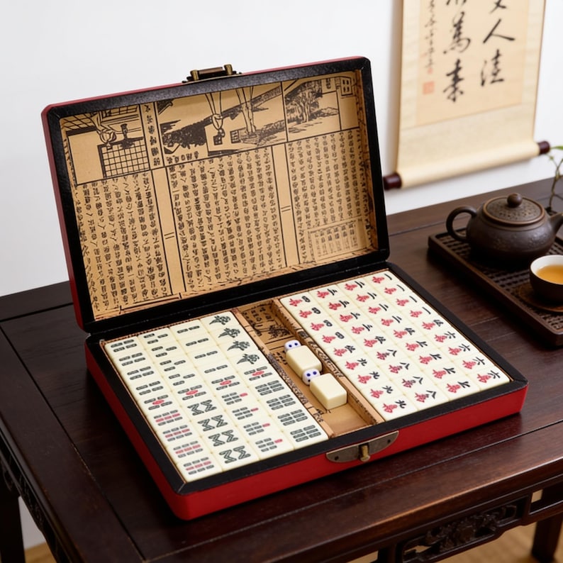 Pu&ograve; includere: Una custodia rettangolare rossa per set da mahjong con chiusura in metallo, contenente tessere color avorio con simboli neri, rossi e verdi. Il coperchio interno presenta un rivestimento in carta beige con illustrazioni e caratteri cinesi.