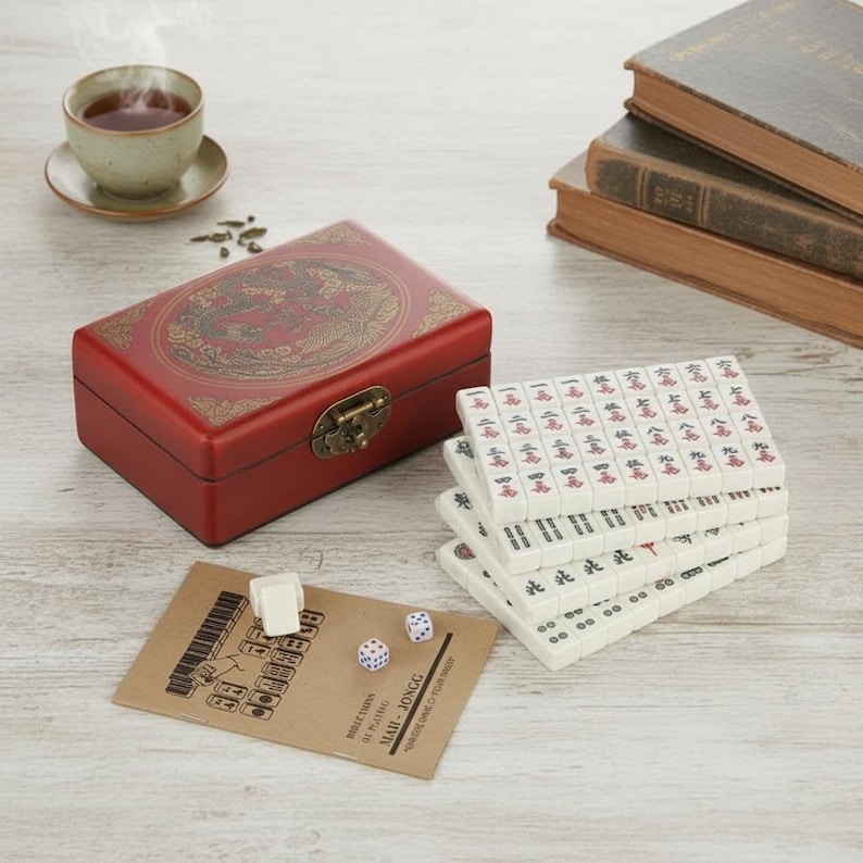 May include: A red rectangular box with a gold dragon design, a set of white mahjong tiles with red and black characters, two small white dice, and a tan instruction card. The box features a metal latch closure on the front side.