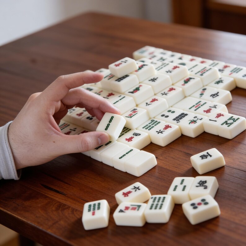 May include: A Mahjong set with ivory tiles, displaying red, green, and black symbols. The tiles are arranged on a dark wooden surface. A hand is holding a tile, ready to be placed. The game is a popular tile-based game.