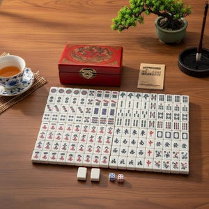May include: A mahjong set featuring white tiles with black, red, and blue characters and symbols arranged in a grid. A red rectangular storage box with a gold dragon design, two small dice, and two blank tiles are included in the set.