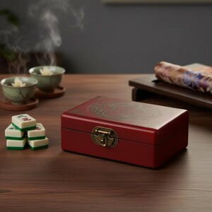 May include: A rectangular dark red wooden box with a gold-coloured metal latch and a circular engraved design on the lid. Beside the box are several white and green mahjong tiles, two small light green bowls with steam, and a patterned fabric roll.