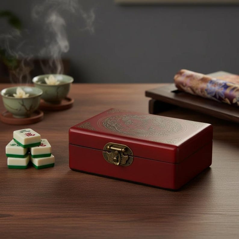 May include: A rectangular dark red wooden box with a gold-coloured metal latch and a circular engraved design on the lid. Beside the box are several white and green mahjong tiles, two small light green bowls with steam, and a patterned fabric roll.