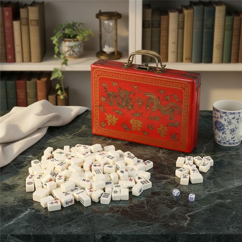 May include: A red rectangular mahjong case with gold dragon and phoenix illustrations and Chinese characters, featuring a metal handle and latch. A pile of white mahjong tiles with red, green, and black markings, plus two small white dice are displayed.