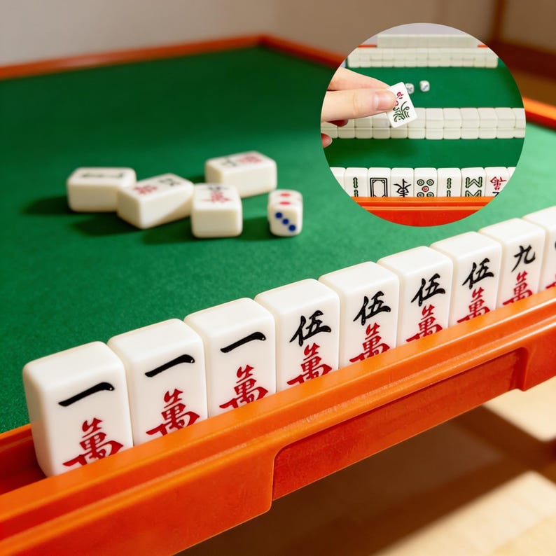 May include: A Mahjong game set, with white tiles marked with black and red symbols, arranged on a green felt surface. An orange tray holds some of the tiles. Dice and additional tiles are also visible, ready for play.