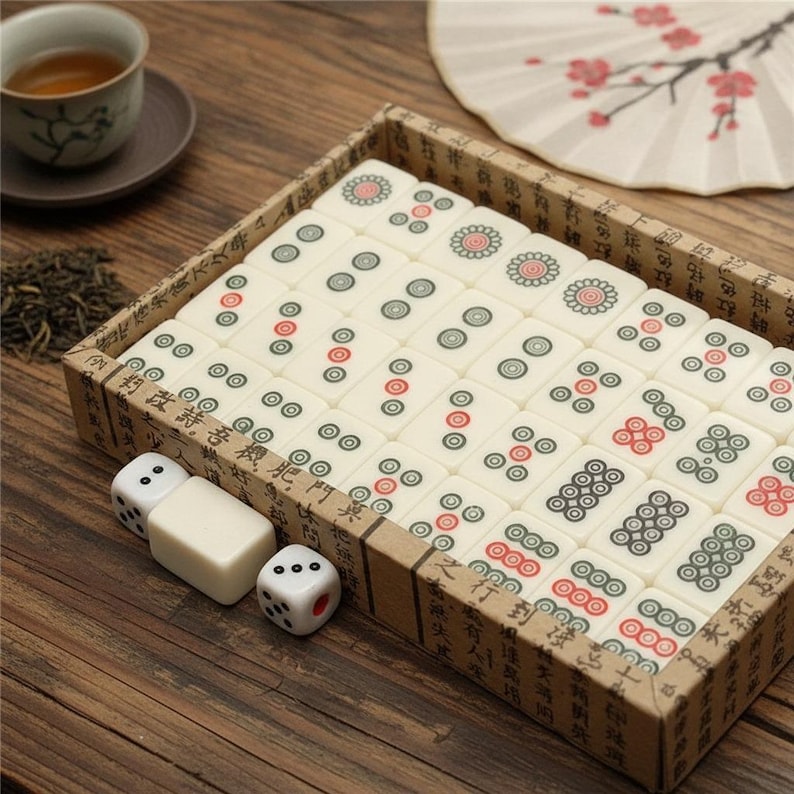 Pu&ograve; includere: Un set di tessere per mahjong color bianco sporco con motivi circolari verdi e rossi, disposte in una scatola di cartone rettangolare con calligrafia cinese nera. Due dadi bianchi e una tessera vuota sono posizionati fuori dalla scatola.