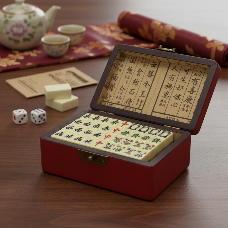 Op de afbeelding: Een donkerrode houten doos met een set ivoorkleurige mahjongtegels met diverse symbolen en tekens. De binnenkant van het deksel is voorzien van gedrukte Chinese kalligrafie. Twee witte dobbelstenen en twee losse tegels liggen ernaast.