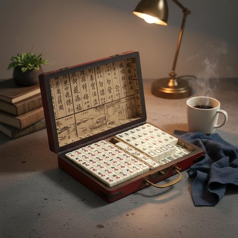 May include: A mahjong set housed in a dark red rectangular case with a metal handle. The interior lid features a beige panel with black Chinese characters and illustrations. The set includes white tiles with red, green, and black markings.