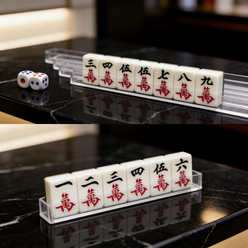 May include: A set of white Mahjong tiles with red and black characters, displayed in clear acrylic trays. Two dice with red and blue dots are also visible, suggesting a game setup. The tiles are arranged on a black surface.