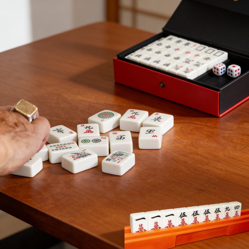 May include: A Mahjong set with white tiles featuring various symbols and characters. The set includes a red and black case, dice, and an orange tile rack. The tiles are scattered on a wooden surface.