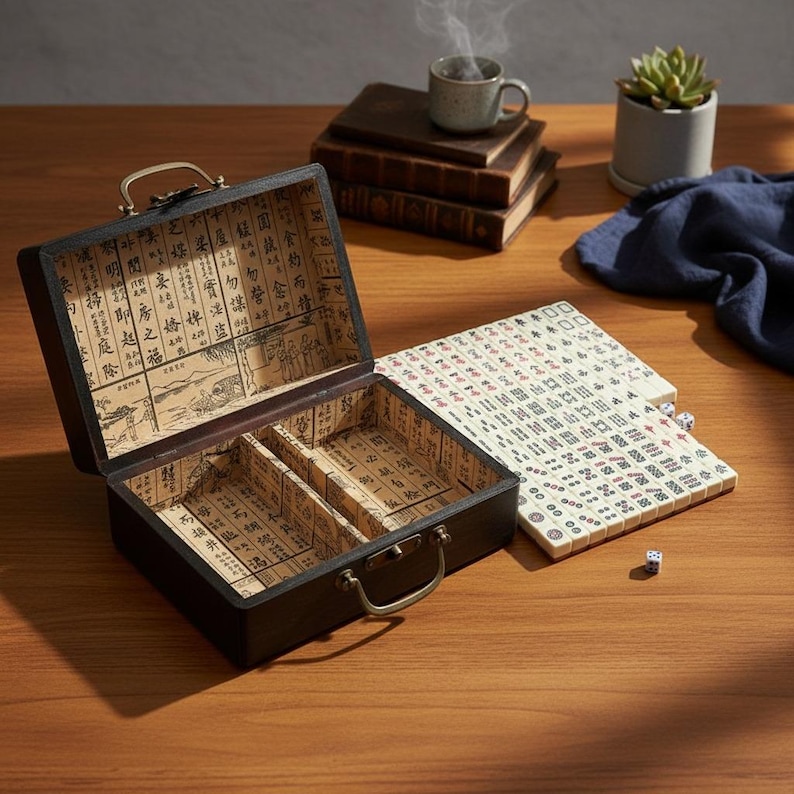 May include: A dark brown wooden mahjong case with a metal handle and latch, featuring an open lid lined with beige paper printed with black Chinese characters and illustrations. Beside the case lies a set of white mahjong tiles and two small dice.