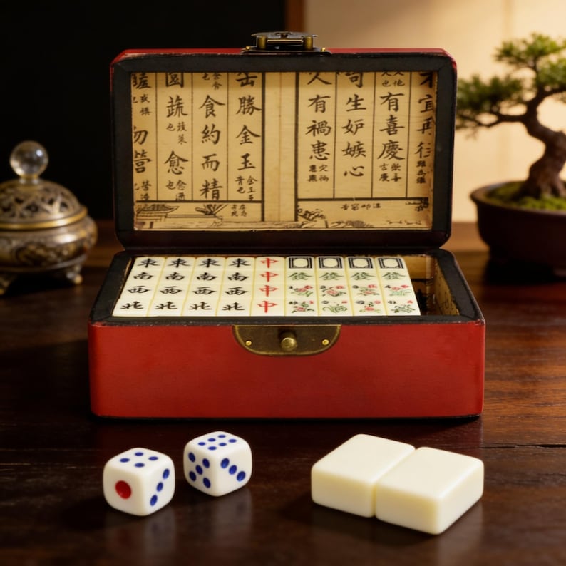 Op de afbeelding: Een rode rechthoekige doos met een metalen sluiting bevat een set mahjongtegels met Chinese karakters. De binnenkant van het deksel is bedrukt met Chinese tekst. Twee witte dobbelstenen met blauwe en rode stippen en twee blanco witte tegels liggen ervoor.