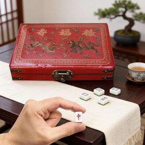 Pu&ograve; includere: Una scatola rettangolare rossa con illustrazioni dorate di draghi e fenici e caratteri cinesi sul coperchio. La scatola presenta chiusure e cerniere in metallo. Diverse piccole tessere del mahjong bianche e verdi sono disposte su un runner.