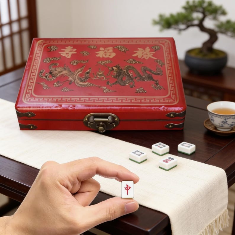 Pu&ograve; includere: Una scatola rettangolare rossa con illustrazioni dorate di draghi e fenici e caratteri cinesi sul coperchio. La scatola presenta chiusure e cerniere in metallo. Diverse piccole tessere del mahjong bianche e verdi sono disposte su un runner.