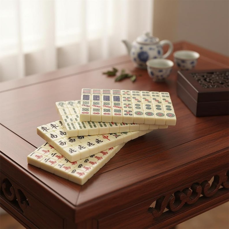 Op de afbeelding: Een set gebroken witte Mahjong-tegels gerangschikt in vier gestapelde rijen. Elke rechthoekige tegel is voorzien van gedetailleerde, gekleurde gegraveerde symbolen, karakters en cirkelvormige patronen in rode, groene, blauwe en zwarte inkt.