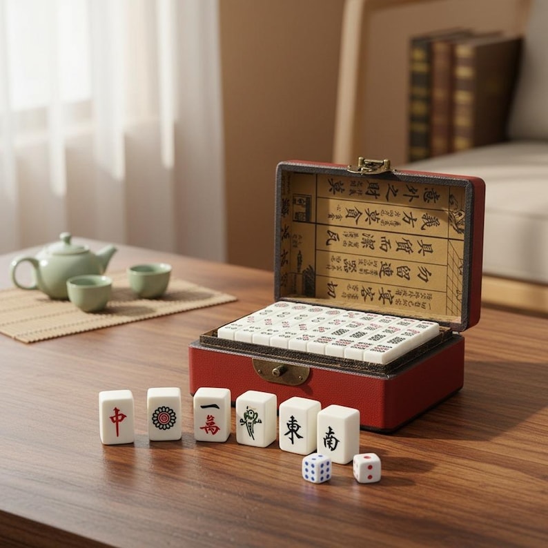 May include: A mahjong set featuring white tiles with red, black, and green characters stored in a red rectangular box with a brass latch. The interior lid displays traditional Chinese calligraphy. Six individual tiles and two small dice are placed in front.