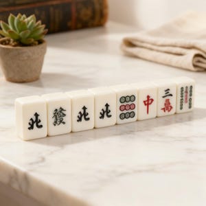 May include: A row of eight off-white mahjong tiles arranged horizontally. Each tile features distinct black, red, and green engraved Chinese characters and symbols, including directional markers, numerical values, and traditional game icons.