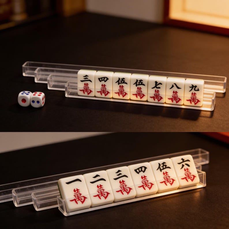 May include: A set of white Mahjong tiles with black and red characters, displayed in a clear plastic holder. Two dice with red and blue dots are next to the tiles. The game pieces are on a dark surface.