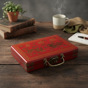 May include: A rectangular red wooden storage box featuring gold-colored dragon illustrations and Chinese characters on the lid. The box includes a brass-toned metal handle, a central latch mechanism, and reinforced corner accents in a matching finish.