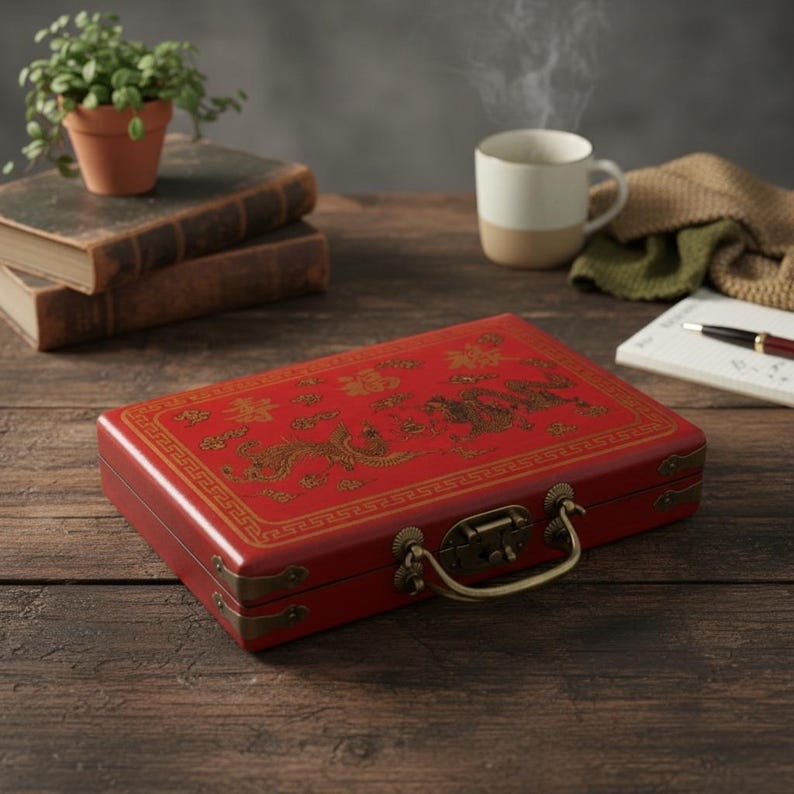 May include: A rectangular red wooden storage box featuring gold-colored dragon illustrations and Chinese characters on the lid. The box includes a brass-toned metal handle, a central latch mechanism, and reinforced corner accents in a matching finish.