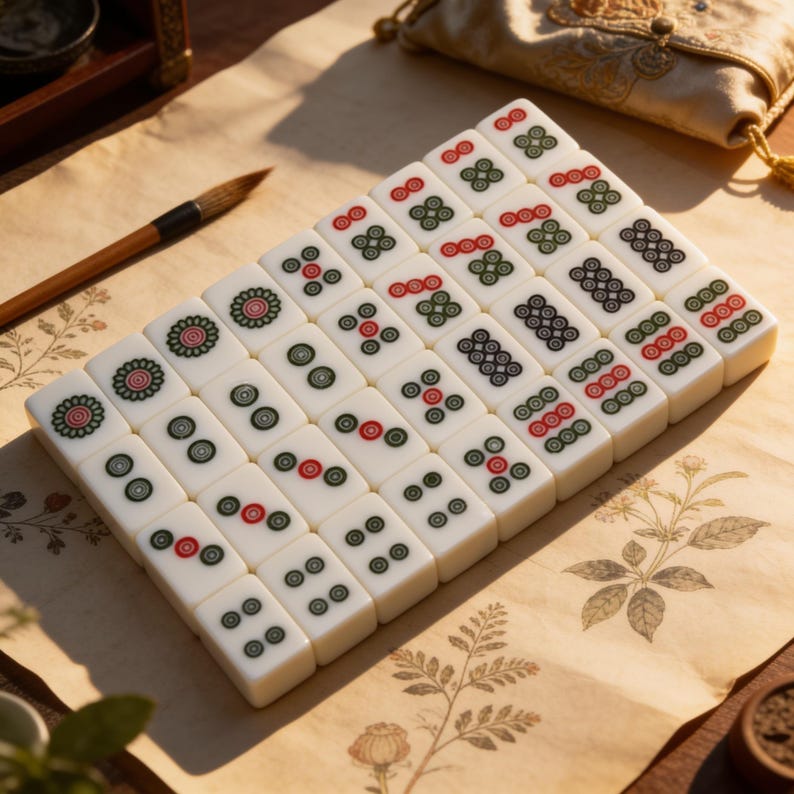 Set da gioco cinese Mahjong con 144 tessere, gioco da tavolo portatile, divertente attività per interni ed esterni, serata di giochi in famiglia. immagine 3