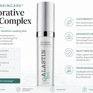 Puede incluir: Botella plateada y blanca de Alastin Skincare Restorative Skin Complex. La etiqueta incluye el nombre del producto y detalles sobre sus beneficios, como apoyar una piel de aspecto m&aacute;s saludable. La botella es de 29,6 ml.