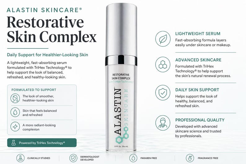 Puede incluir: Botella plateada y blanca de Alastin Skincare Restorative Skin Complex. La etiqueta incluye el nombre del producto y detalles sobre sus beneficios, como apoyar una piel de aspecto m&aacute;s saludable. La botella es de 29,6 ml.