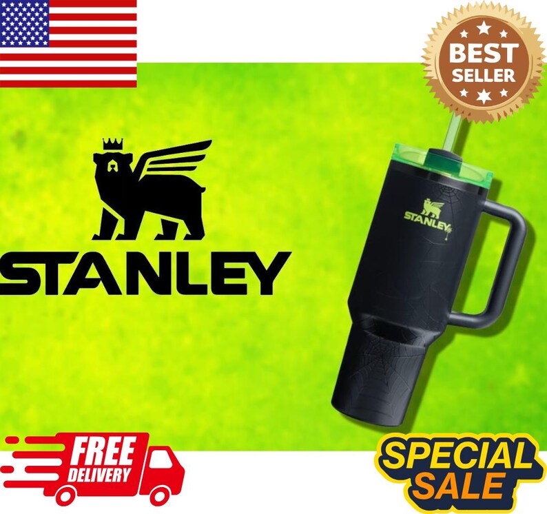 May include: Black Stanley tumbler with a green lid and straw. The tumbler has a handle and the Stanley logo. The background is lime green with the text "STANLEY" and a bear logo. The image also includes a "BEST SELLER" badge.