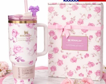 40 oz Insulated Tumbler with Handle & Straw | Pink Floral Stainless Steel Travel Mug
