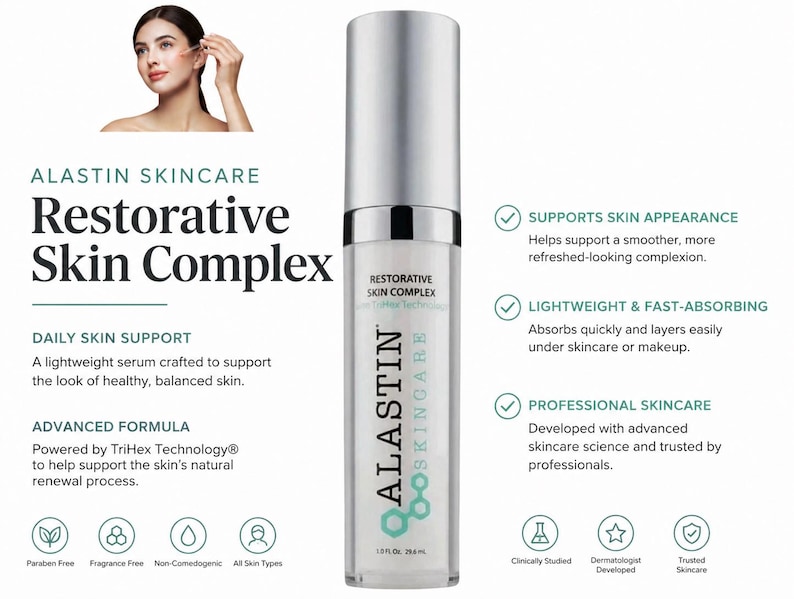 Puede incluir: Botella de producto para el cuidado de la piel con el texto "ALASTIN SKINCARE Restorative Skin Complex". La botella es plateada y blanca, con una imagen de mujer. El texto destaca el cuidado diario de la piel y la f&oacute;rmula avanzada.