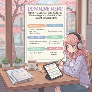ADHD Dopamine Menu Digital Print, Lofi Anime Aesthetic Planner, Neurodivergent Productivity Tool, ADHD Cafe Menu, Mental Health Tracker PDF