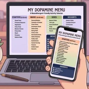 Puede incluir: Un portátil y un smartphone muestran un "My Dopamine Menu". El menú está dividido en categorías como "Entrantes", "Platos principales" y "Postres", con actividades. También se ven un bolígrafo y una pequeña planta en maceta.